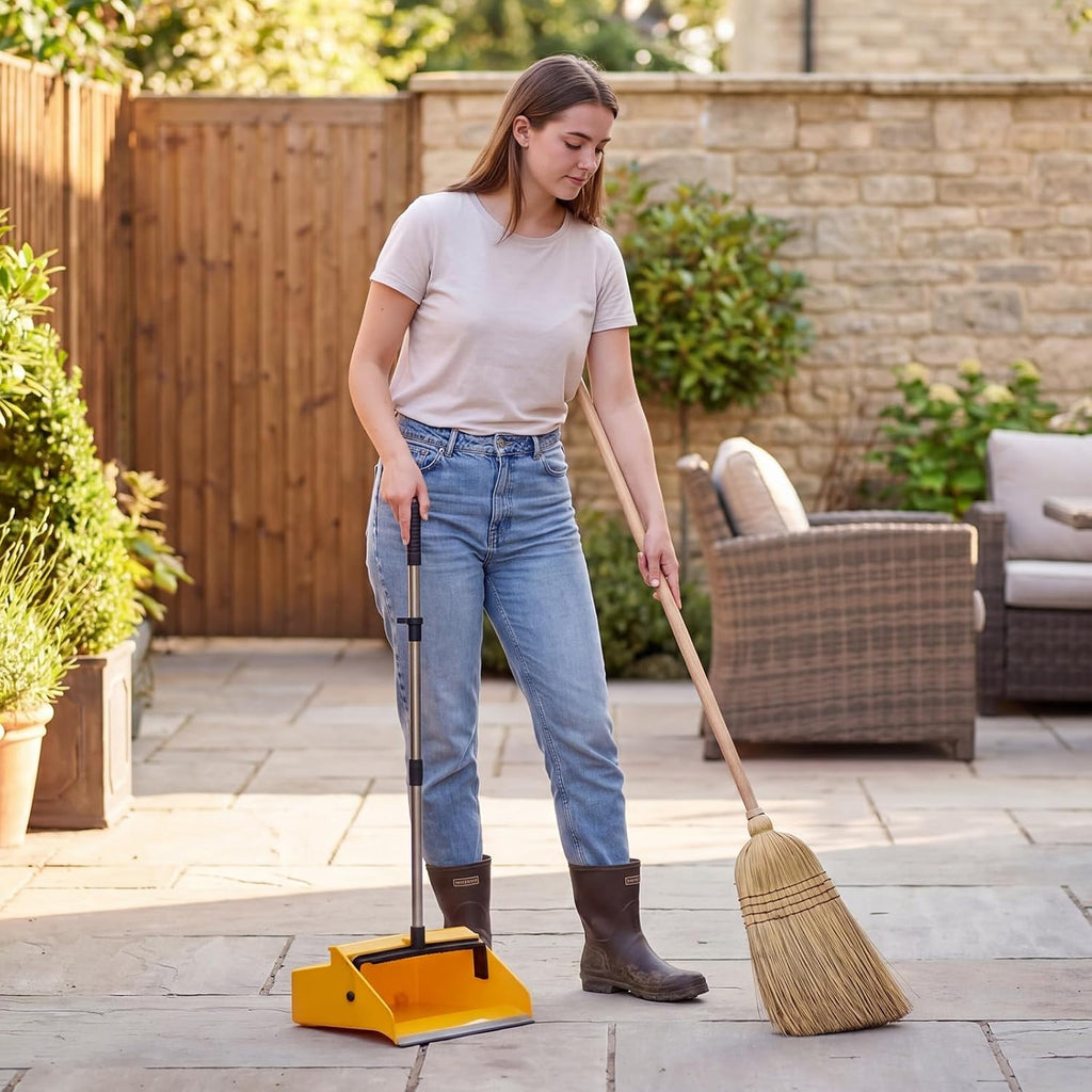 Didaey 3 Pcs Commercial Dustpan with Comb 38” Long Handle Upright Heavy Duty Dust Pan Outdoor Indoor for Courtyards Garages Lobby Mall Market Market Floors Office Pet Hair Rubbish Cleaning (Yellow)