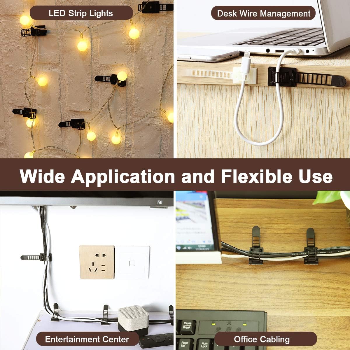 100Pcs Adhesive Cable Management Clips with 50Pcs Zip Ties, Adjustable Nylon Cable Strap Ties Wire Clips Clamps Organizer with Strong Adhesive Tape, Extra Screw & Hole - 3.55 Inch Black (Pack of 4)