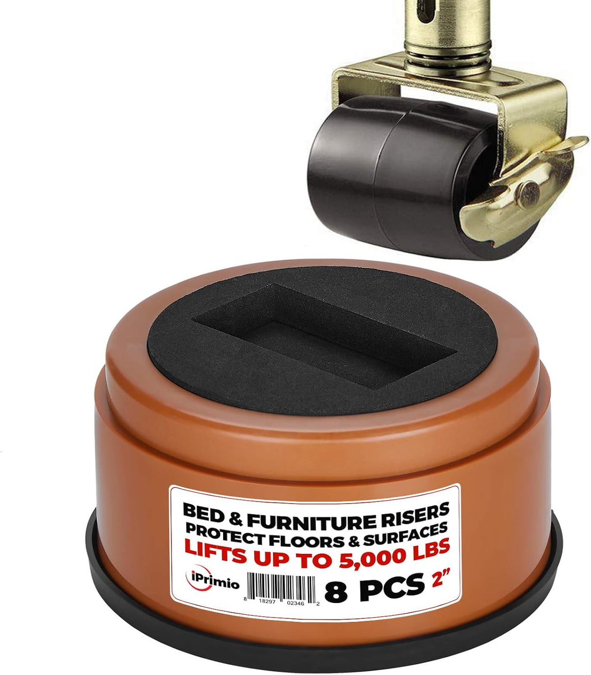 iPrimio Bed Risers 2" Lift, Heavy Duty, Round Caster Cup, Brown, 8 Pack