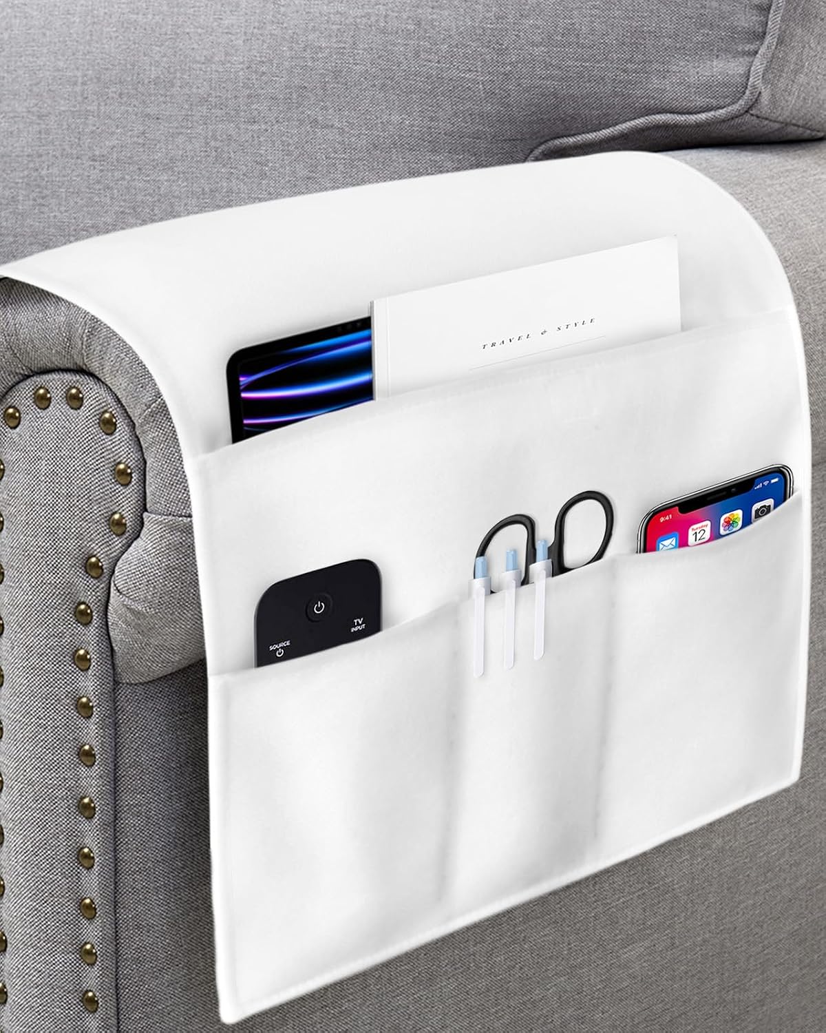 Sofa Armrest Organizer Bedside Caddy, White Non Slip Couch Remote Control Holder for Recliner, Pure White Arm Chair Caddy with Pocket for Magazine, Phone, 13''x35''