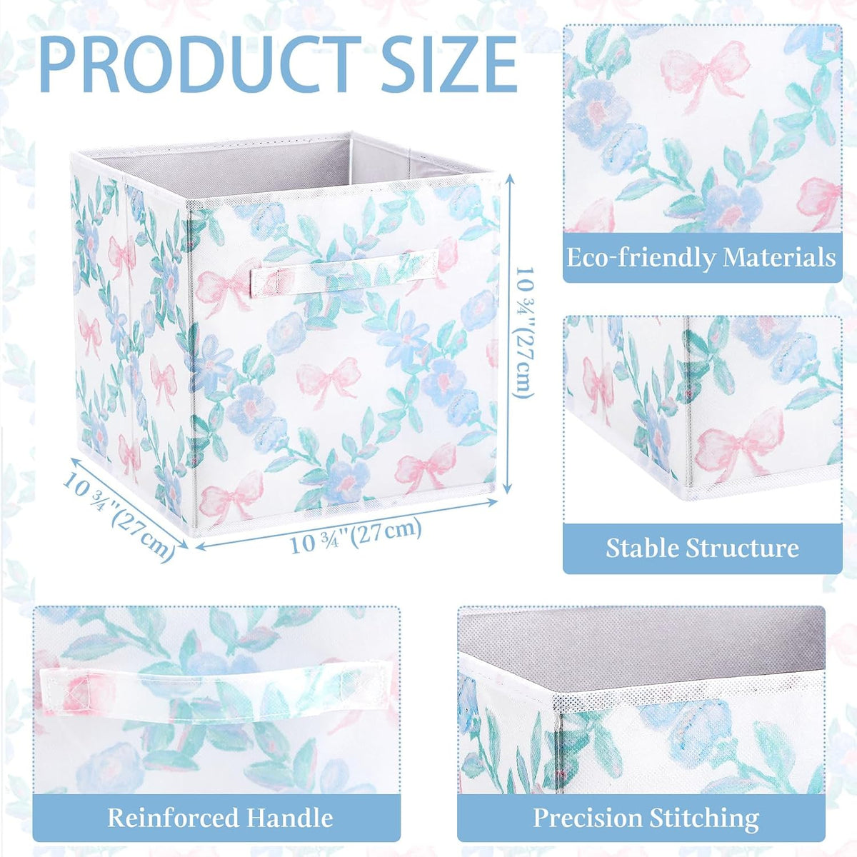 Geelin 6 Pcs Blue Floral Bow Cube Storage Bins 11 Inch Storage Basket