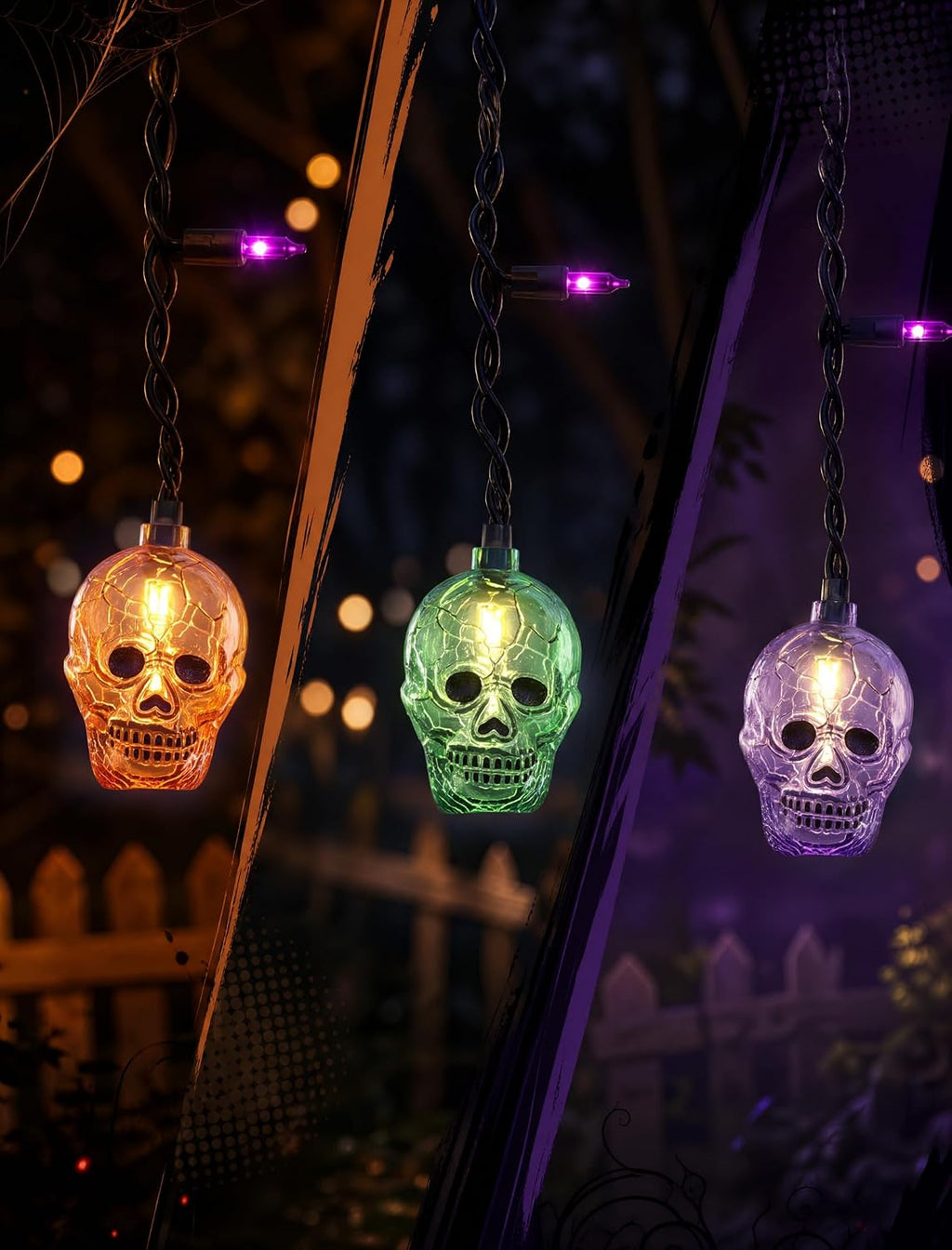 SUNSGNE 7FT 50 Count LED Halloween Skull Curtain Lights, Plug-in