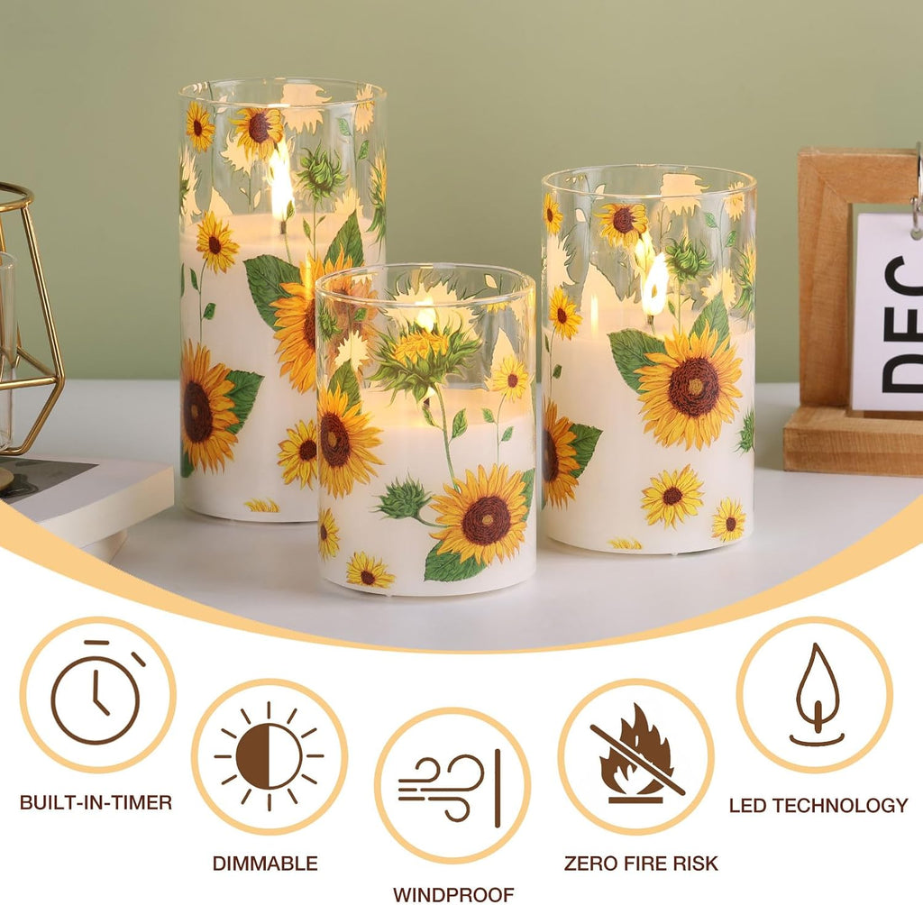 Sunflower Glass Flameless Pillar Candles with Remote Set of 3