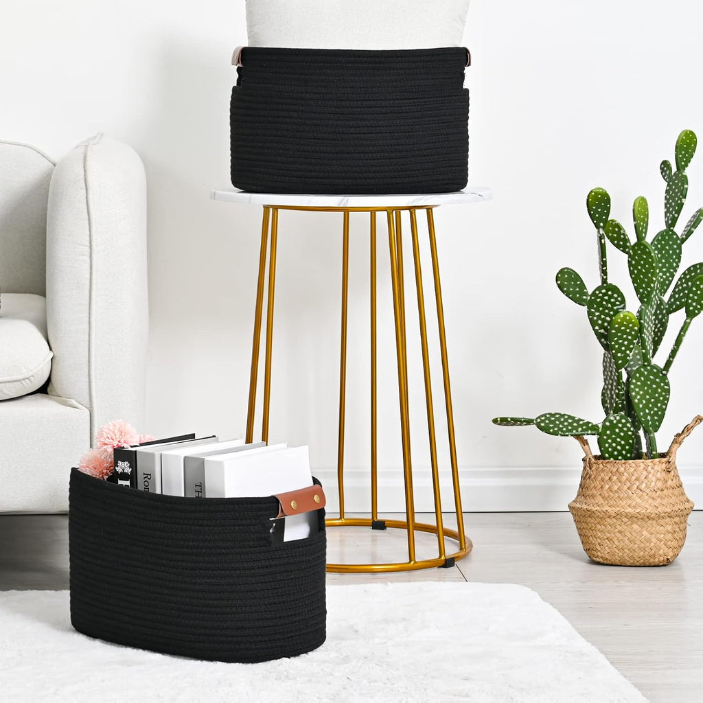 ECDYQXVU 15x10x9 Black Woven Cotton Rope Storage Basket Handles 1 Pack
