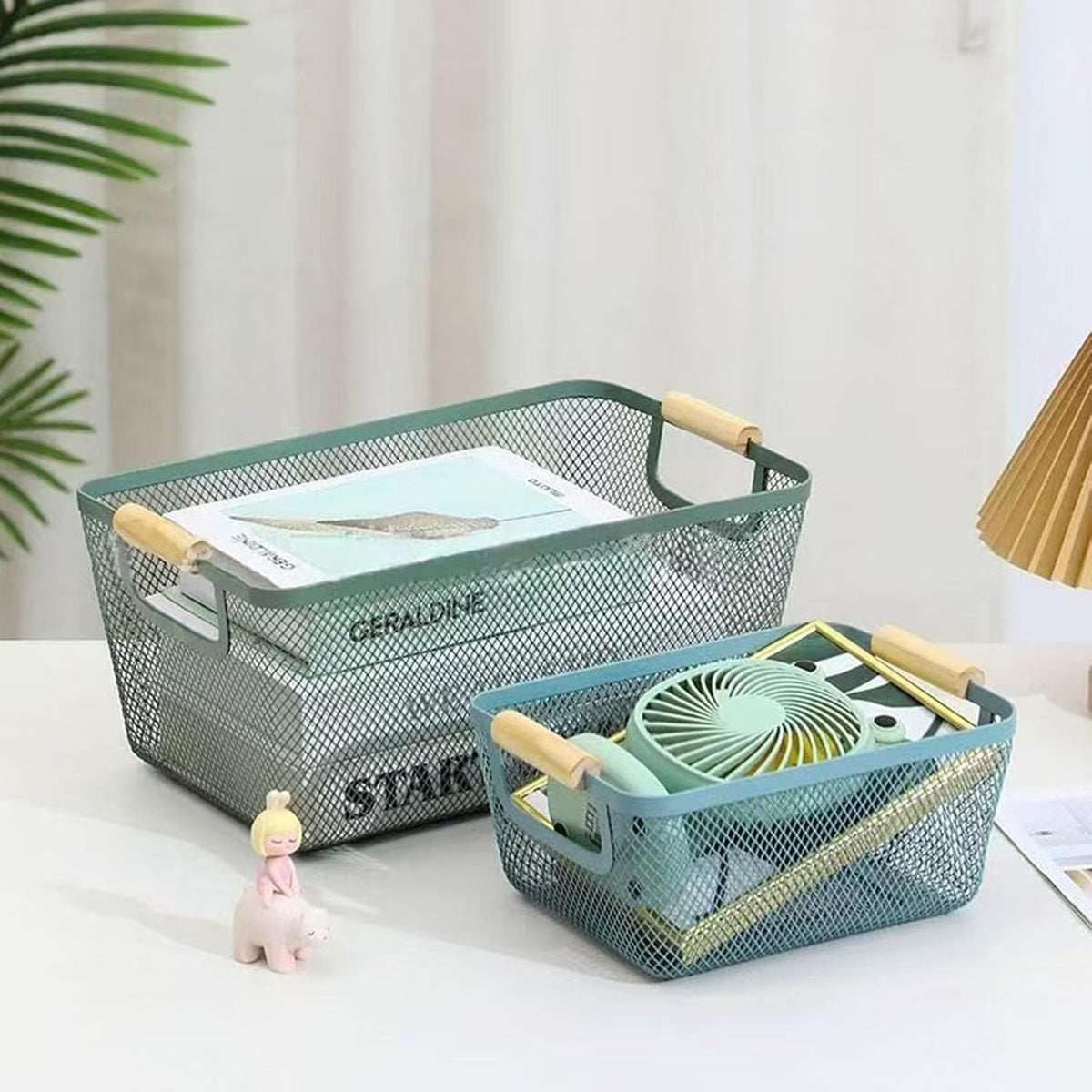 AJIODA Metal Mesh Steel Basket, Medium Wire Storage Organizer Basket Multi-function Hanging Kitchen Basket with Wood Handle for Kitchen Bathroom Picnic Home, Rectangle-Blue
