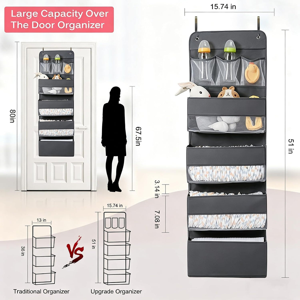 Jay-Chi Over Door Hanging Organizer Storage - 7 Large Pockets Closet Bathroom Organizer Perspective Window Wall Mount Rack for Clothes Sundries(Grey)
