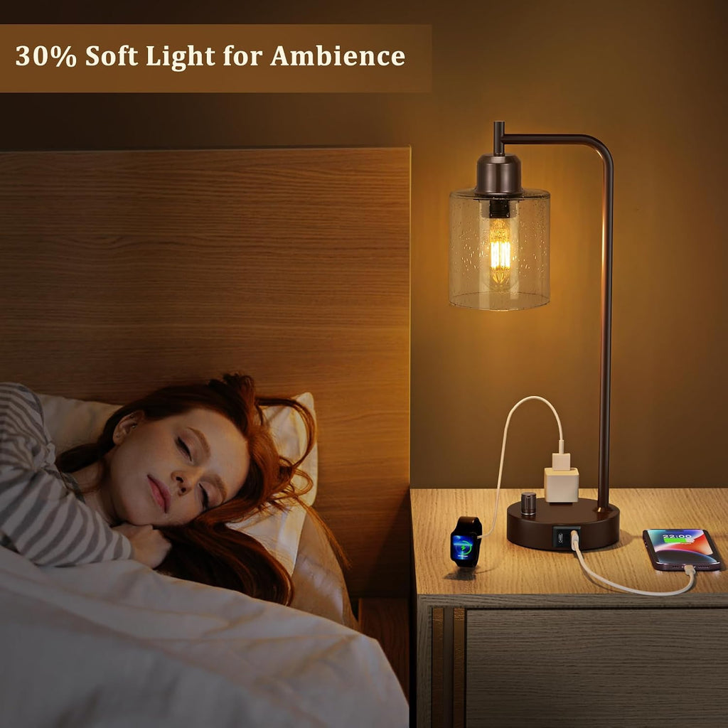 Innqoo Brown Industrial Bedside Table Lamp for Bedroom - Nightstand Lamps with USB C Charging Port, Fully Dimmable Black Ports and Outlets, Small Desk Glass Shade Office Living Room