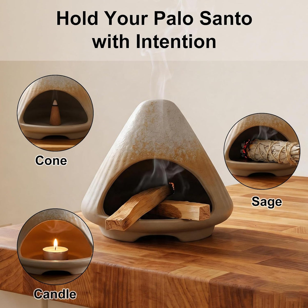 CEREMONY Palo Santo Holder -Mini Ceramic Incense Holder for Palo Santo and Sticks - White Sage Holder for Meditation Decor Ceremony Incense with Glass Grey Collector (Grey-Mount Fuji)