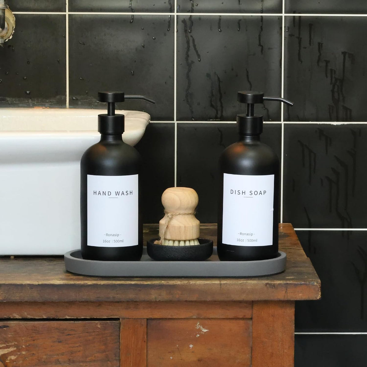 Ronasip Set of 5 Kitchen Soap Dispenser Set 16 Oz Glass Hand Dish Soap Dispenser with Stainless Steel Pump, Cement Tray, Dish Scrub Brush for Farmhouse Rustic Home Bathroom Decor (Black)