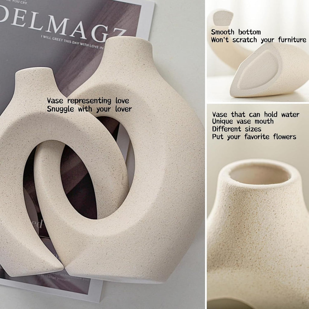 Liotww Snuggle Hollow Ceramic Vase 8.4" Hug Donut Decorative Vase Set of 2