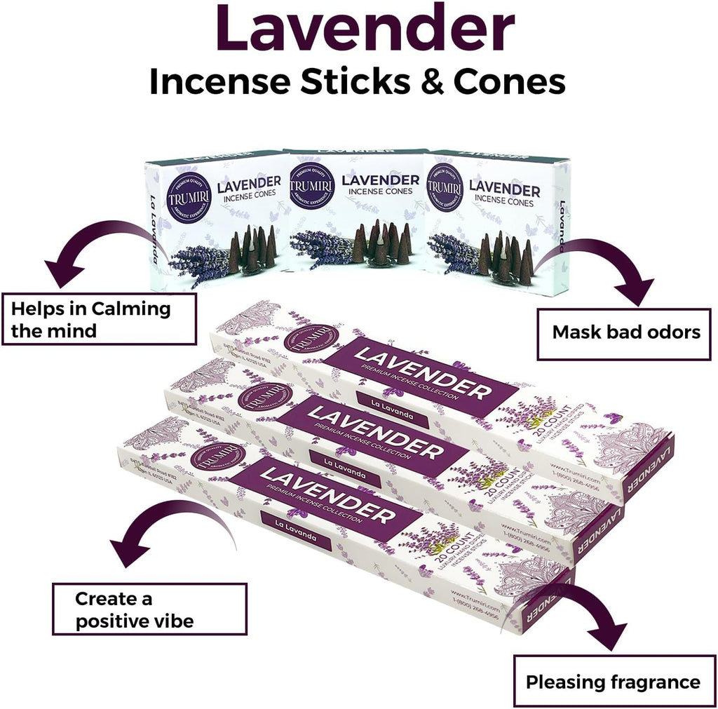Lavender Incense Sticks & Incense Cones Combo Pack - 60 Insence-Sticks + 30 Insence Cones - Inscense - Incense Cones Scented - Insents
