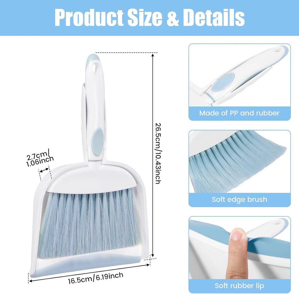 Dust pan, Mini Dustpan and Brush Set, Small Broom and Dustpan Set, Small Hand Broom and dust pan Set, Whisk Broom, Dust pan and Brush for Desk, Table, Home, Kitchen Necessities (Light Blue 2pcs)