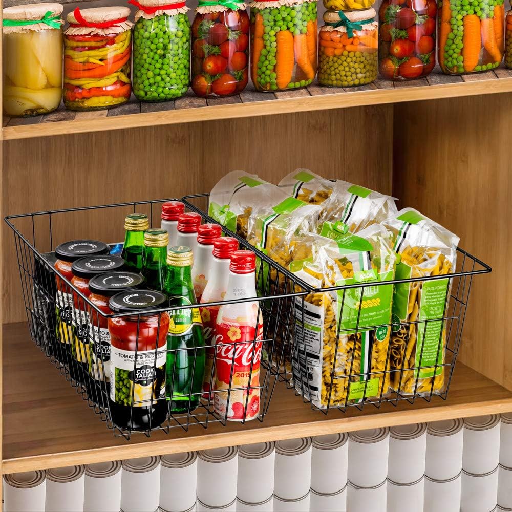 SANNO Freezer Basket Organizer, Refrigerator Metal Wire Storage Divider, Household Container Bins with Handles for Kitchen, Bathroom, Office, Camping, Black,Set of 4