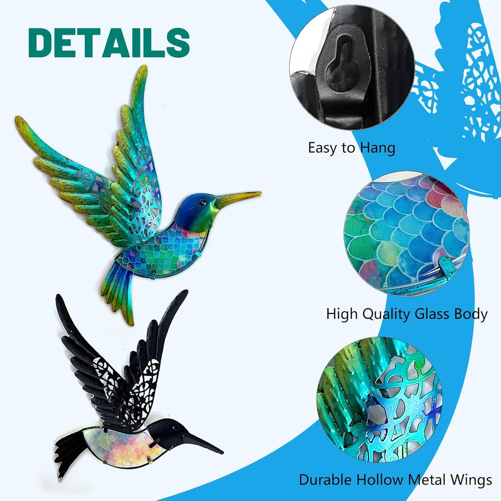 HONGLAND Metal Hummingbird Wall Art 12inch Metal Birds Wall Sculpture Garden Decoration Outdoor Statue Patio Fence Hanging Plaques 2 Pack（Multicolor）