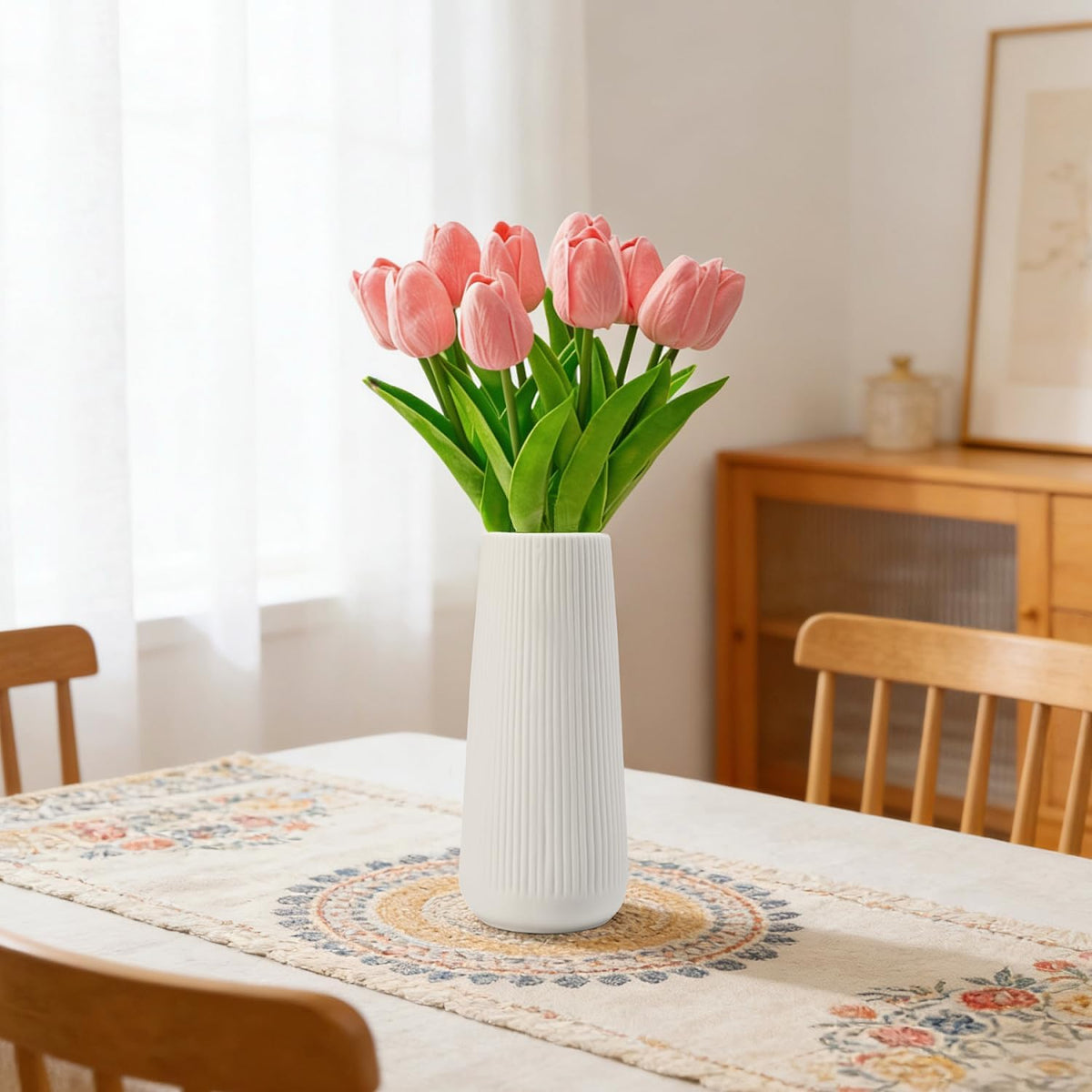 Ceramic Vase for Flower, Pampas Grass Vase, 7.8''H Ribbed Decor Vase, White