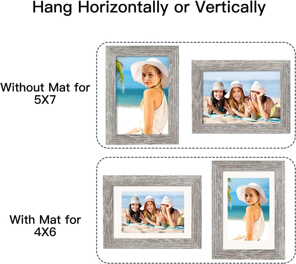 BAIJIALI 5x7 Picture Frame Rustic Grey Wood Pattern Set of 4,Display Photos 4x6 with Mat or 5x7 Without Mat, Horizontal and Vertical Formats for Wall and Table Mounting