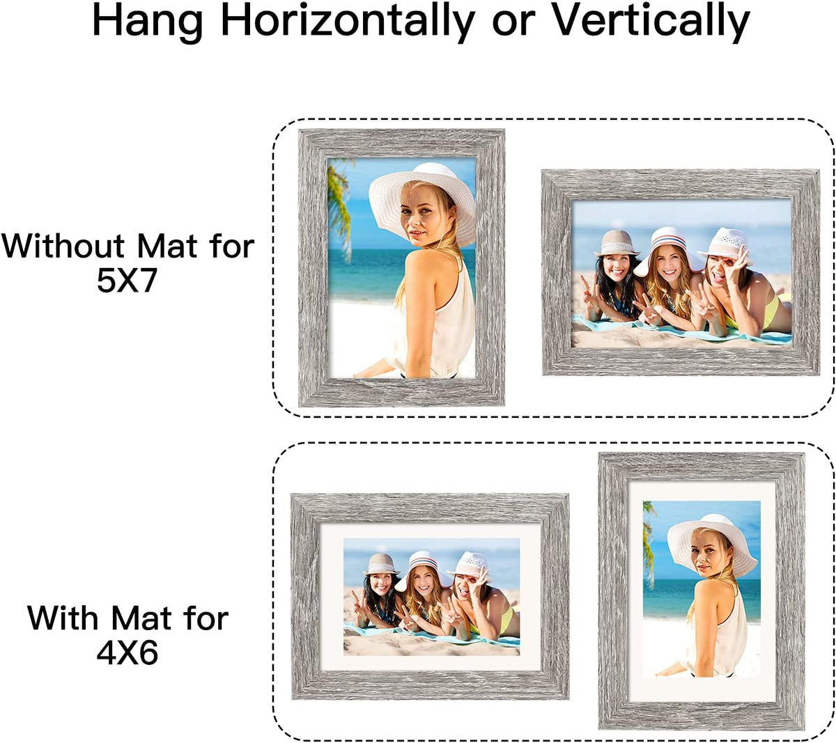 BAIJIALI 5x7 Picture Frame Rustic Grey Wood Pattern Set of 4,Display Photos 4x6 with Mat or 5x7 Without Mat, Horizontal and Vertical Formats for Wall and Table Mounting