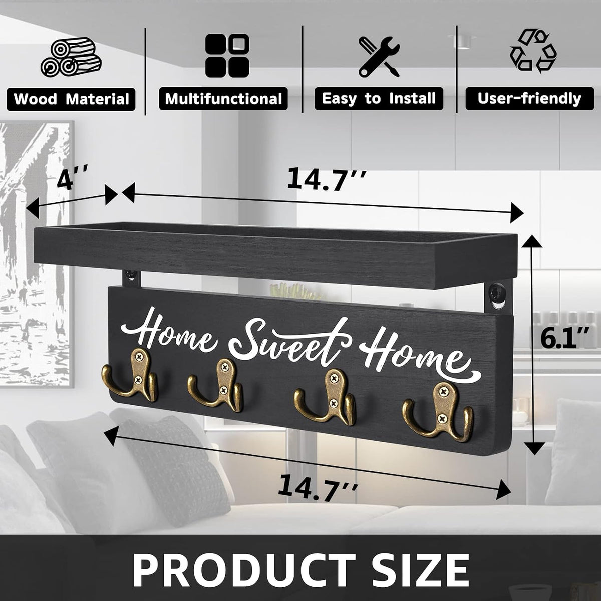 buways Key Holder Wall Mount with 8 Hooks and Cozy Home Sign(Black)
