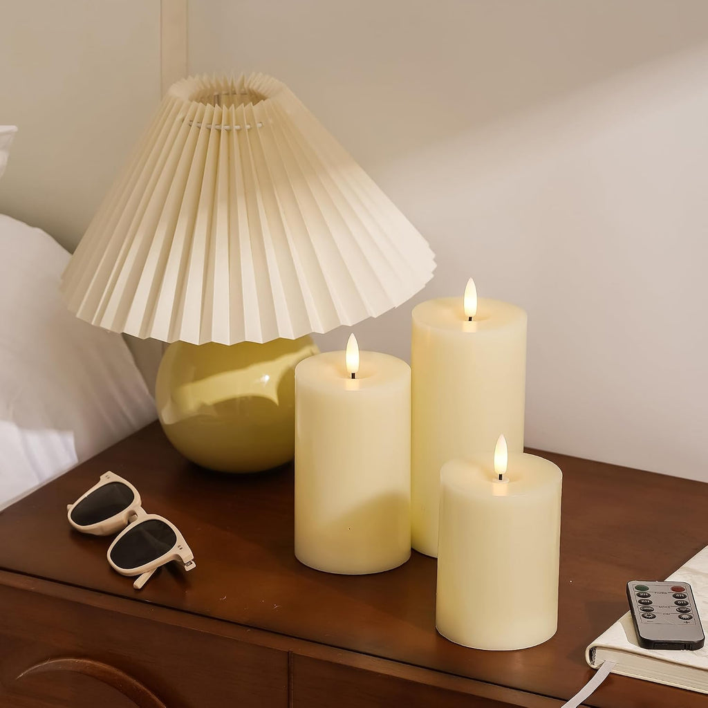 Stmarry Ivory Flameless Candles with Remote and Timer, Real Wax Made LED Pillar Candles Battery Operated with 3D Flickering Flame - 3" x 4", 3" x 5", 3" x 6" - Set of 3