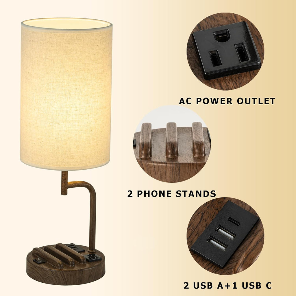 Dreamholder Table Lamp with 3 USB Charging Ports, Modern Desk Lamp with AC Outlet and Phone Stands, Perfect Bedside Lamp for Bedroom, Living Room, Office (Pack of 2), Walnut