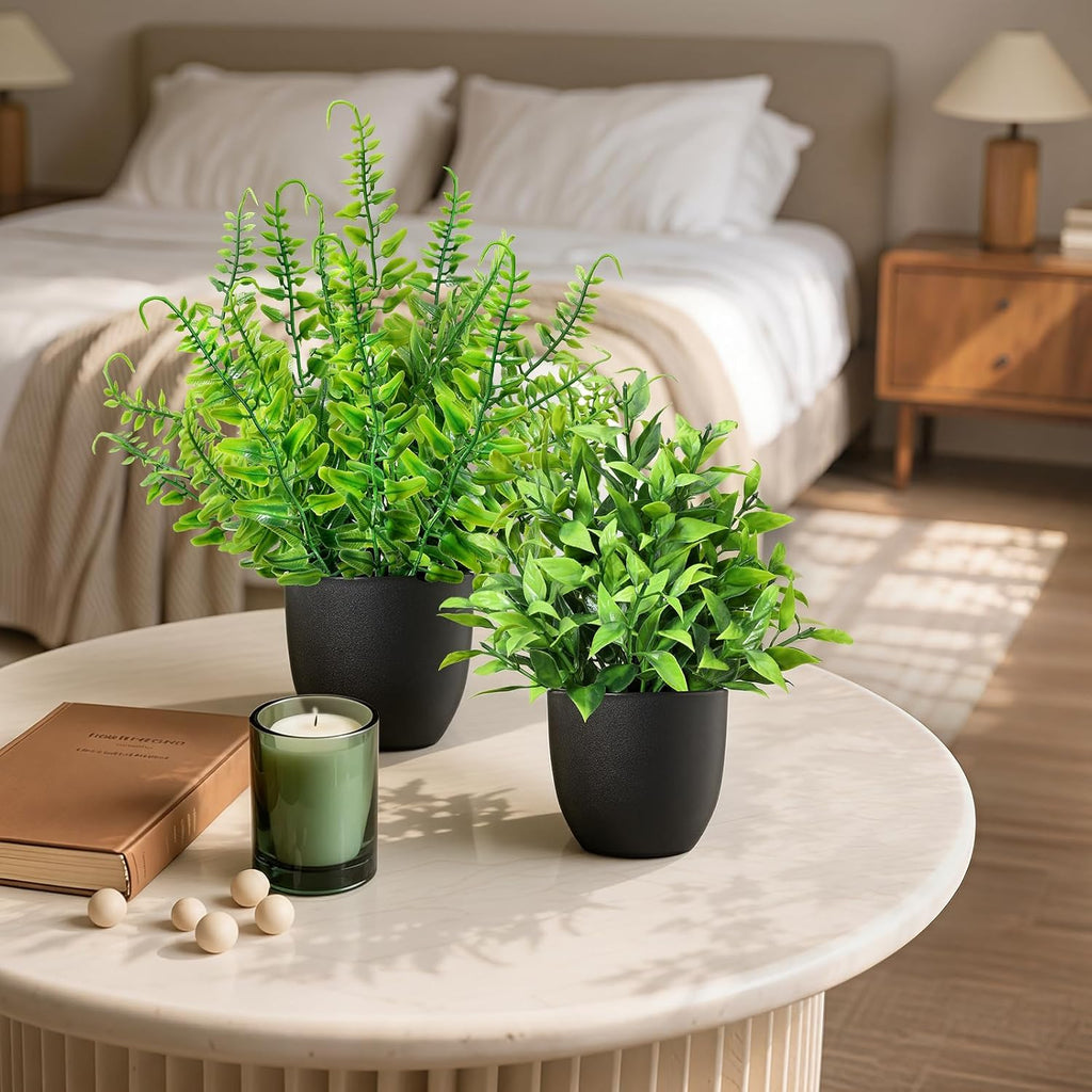 4 Pack Small Fake Plants in Black Pots Fern Grass Mix