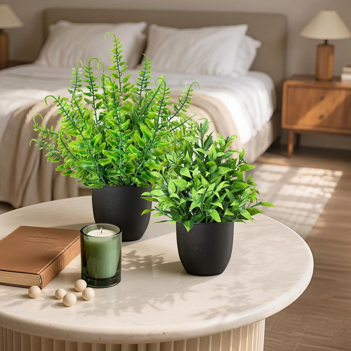 4 Pack Small Fake Plants in Black Pots Fern Grass Mix