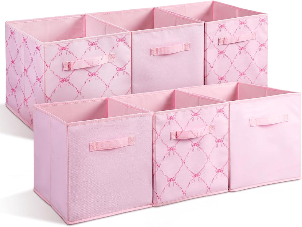 Geelin 6 Pcs Pink and Pink Bow Cube Storage Bins 11 Inch Storage Basket