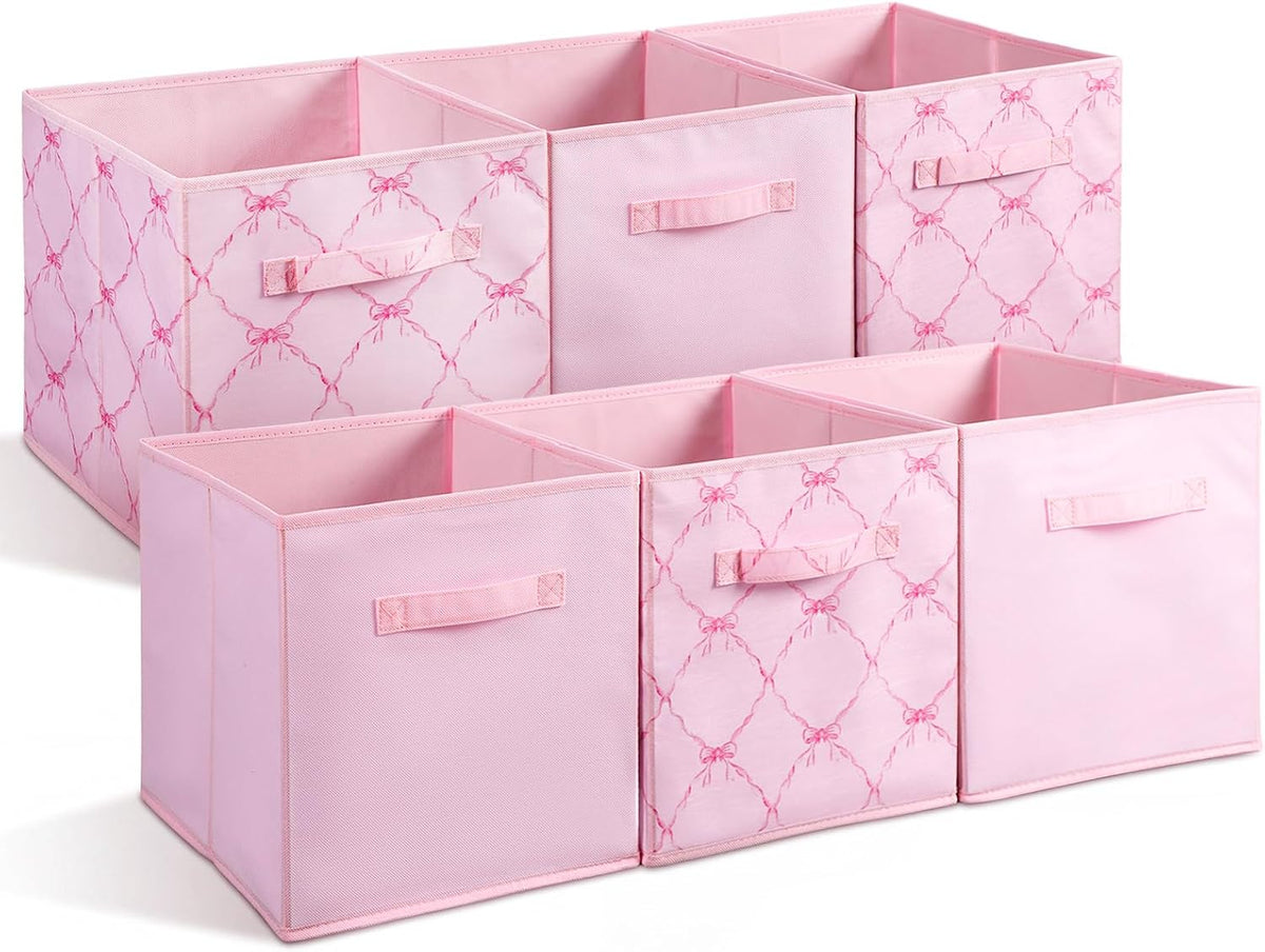 Geelin 6 Pcs Pink and Pink Bow Cube Storage Bins 11 Inch Storage Basket