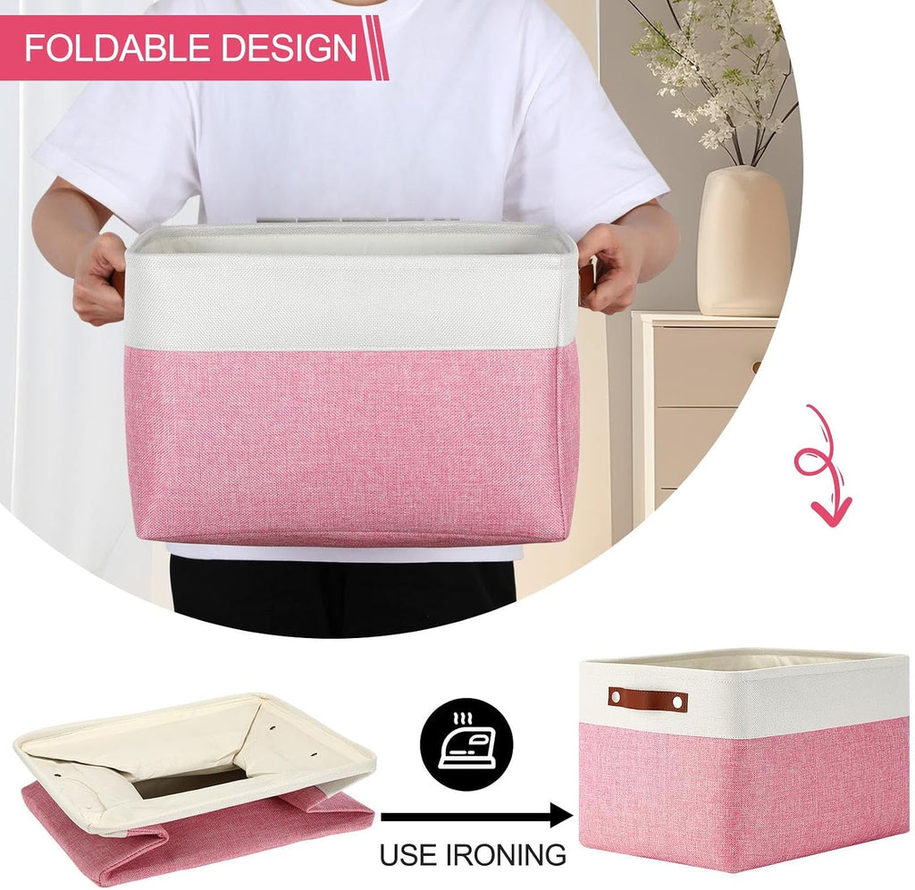 Uiifan 16 x 12 x 10 Inch 8 Pack Fabric Storage Baskets with Handles, Pink