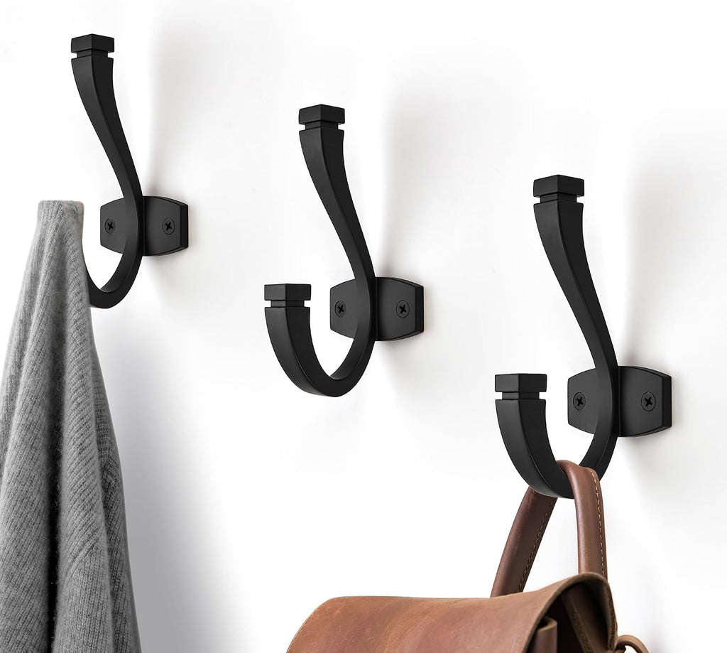 SAILING Coat Hooks - 3 Pack Matte Black Towel Hooks Robe Hooks Decorative Wall Hooks for Bathroom Bedroom Kitchen Towel Robe Clothes Cabinet Closet Bathroom Hardware