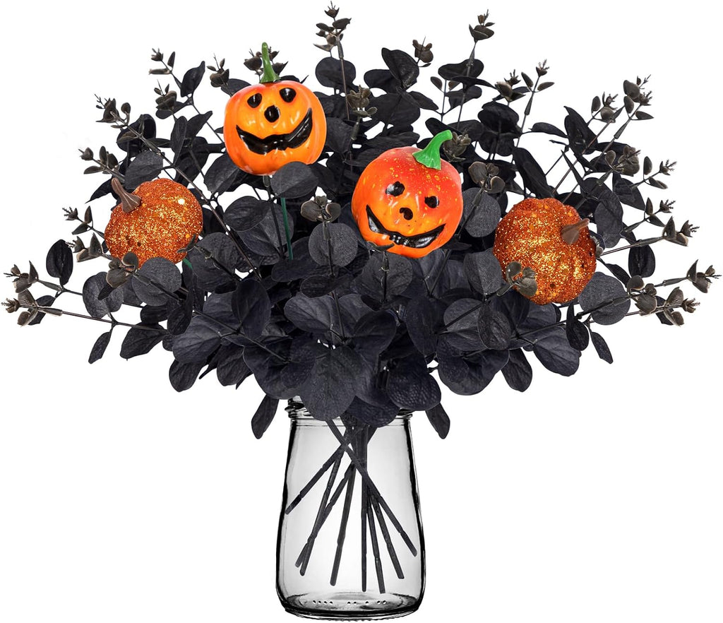 Yen Jean 12PCS Black Halloween Pumpkin Decorations Indoor Artificial Fake Flowers: Eucalyptus Branches Stems Table Centerpieces Decor