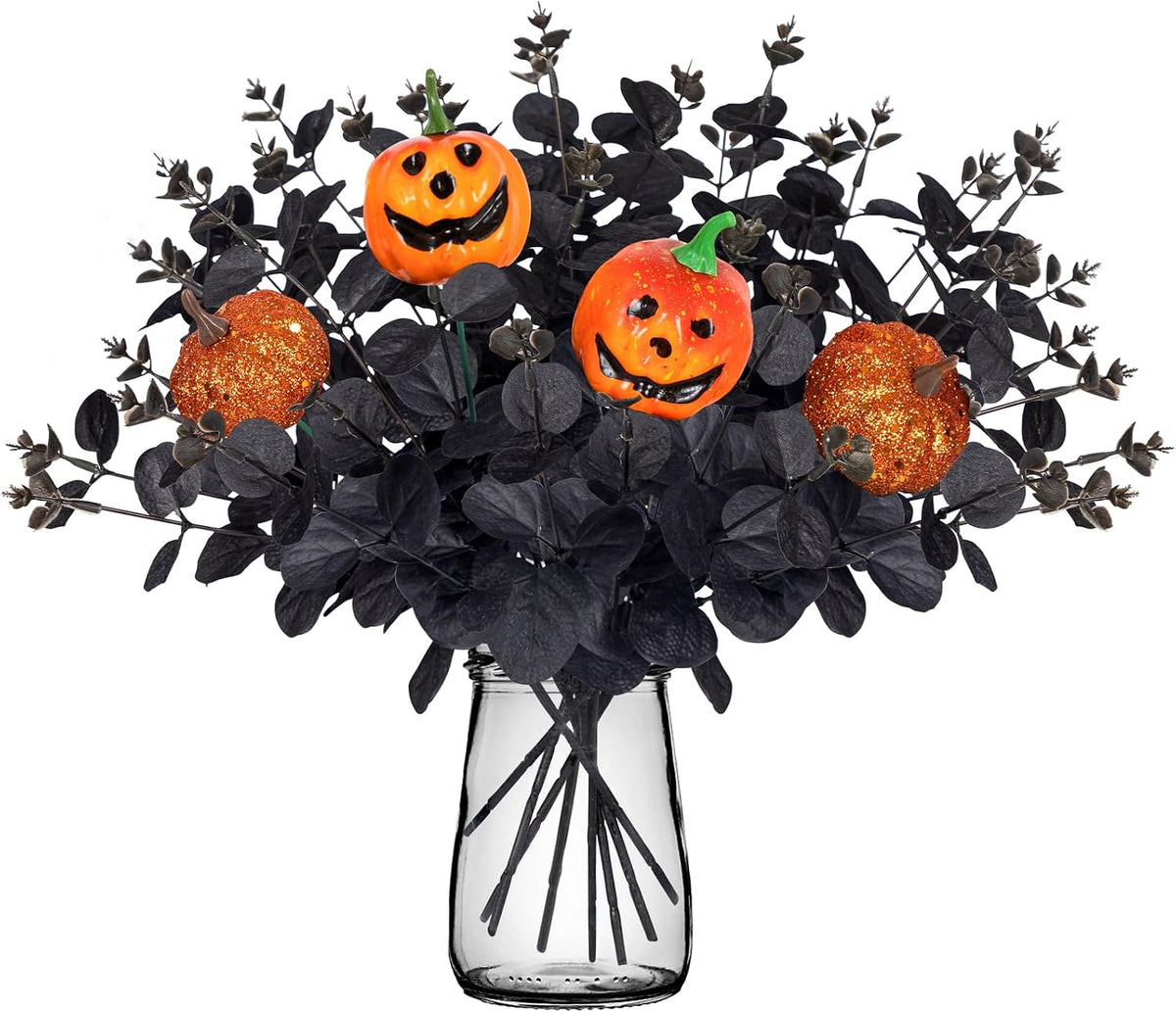 Yen Jean 12PCS Black Halloween Pumpkin Decorations Indoor Artificial Fake Flowers: Eucalyptus Branches Stems Table Centerpieces Decor
