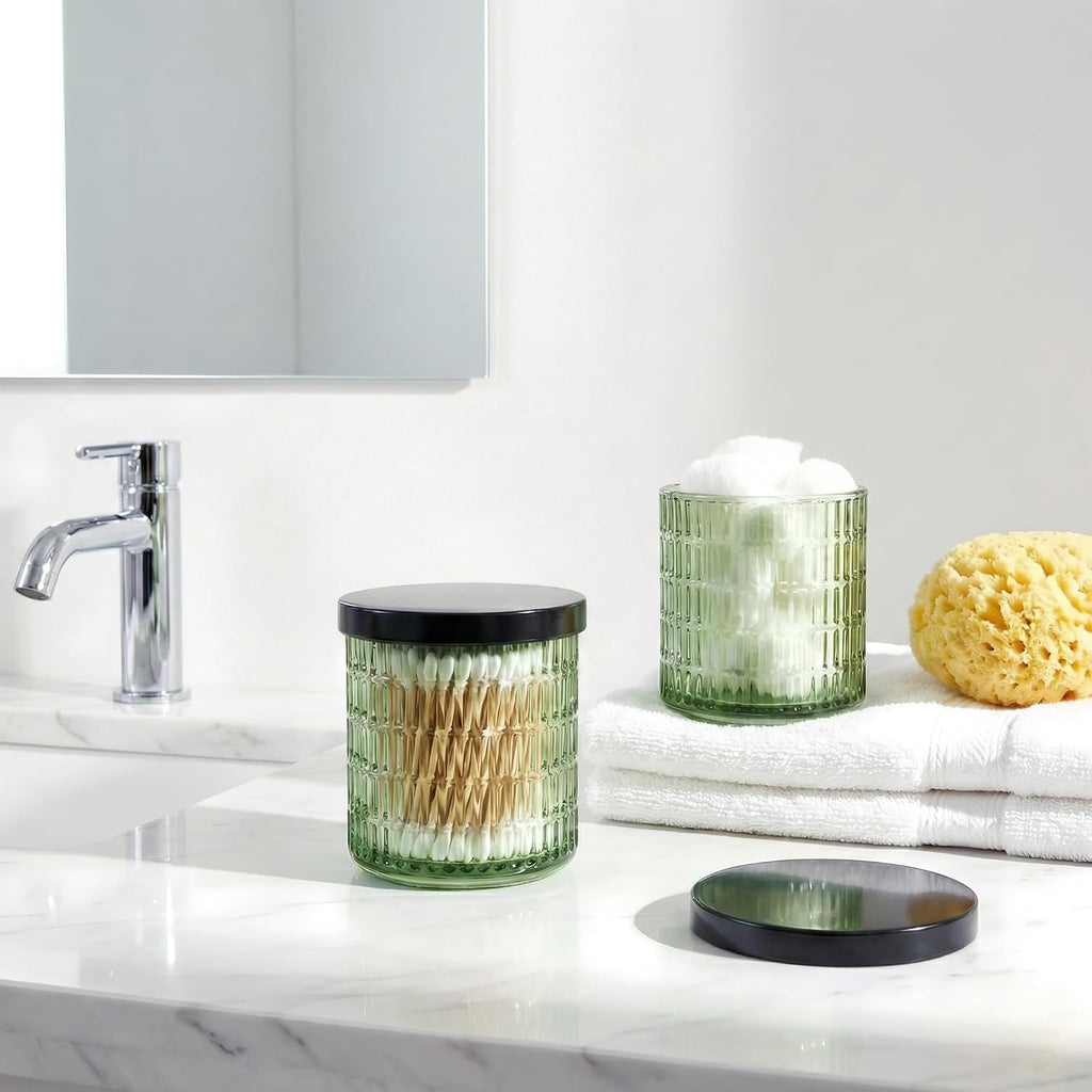 Green Thick Glass Bathroom Qtip Holder, 2 Pack