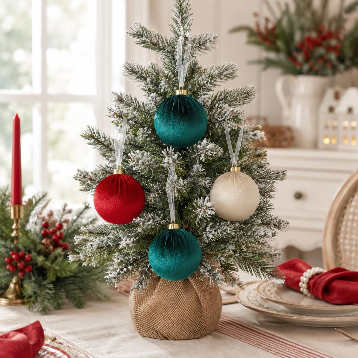15 Pcs 3.15" Large Red and Green Velvet Ball Ornaments for Christmas Tree