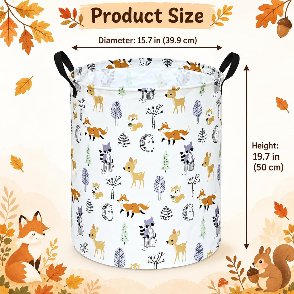 Autumn Animal Storage Basket with Handles, Woodland Animal Storage Basket for Kids' Room, Foldable Laundry Hamper