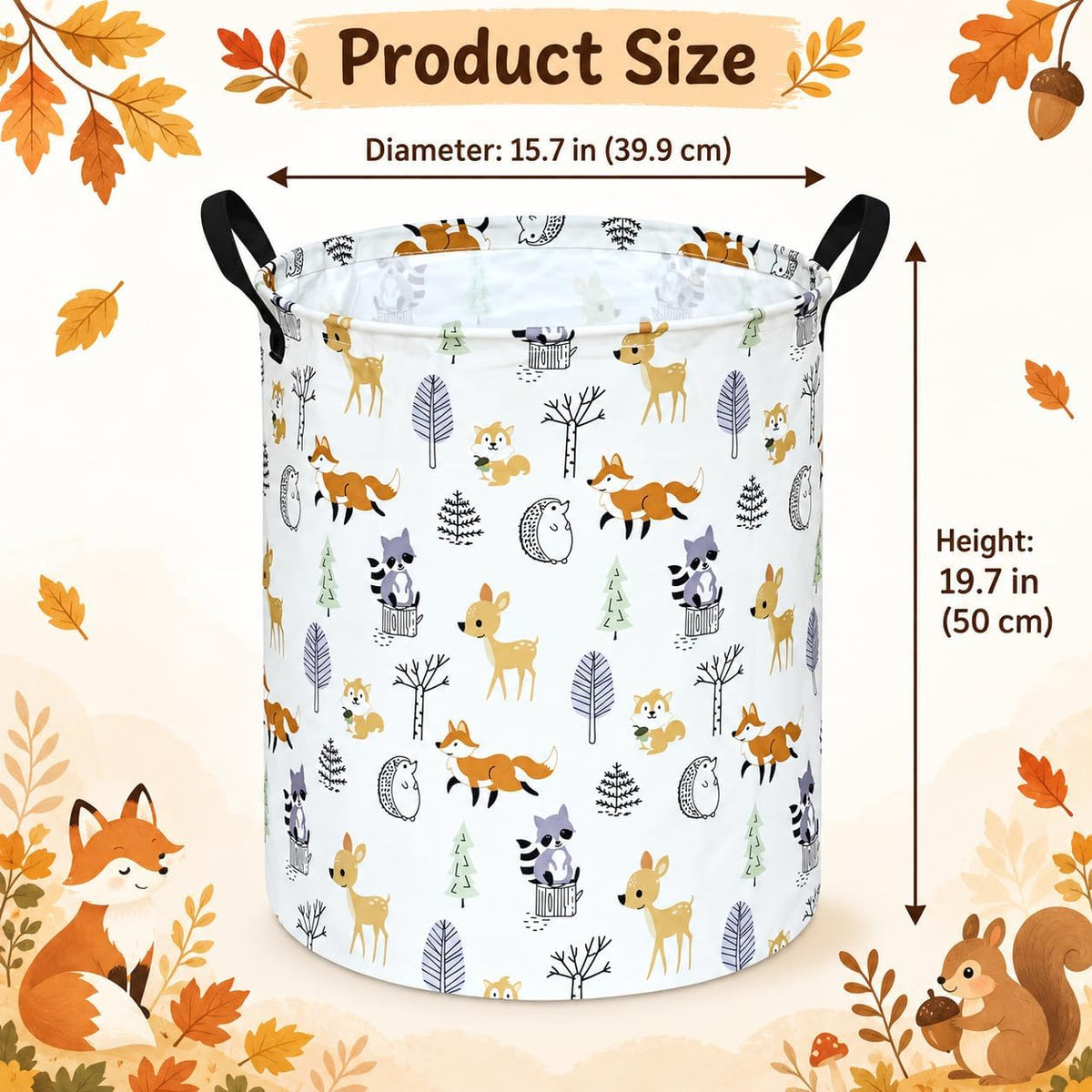 Autumn Animal Storage Basket with Handles, Woodland Animal Storage Basket for Kids' Room, Foldable Laundry Hamper
