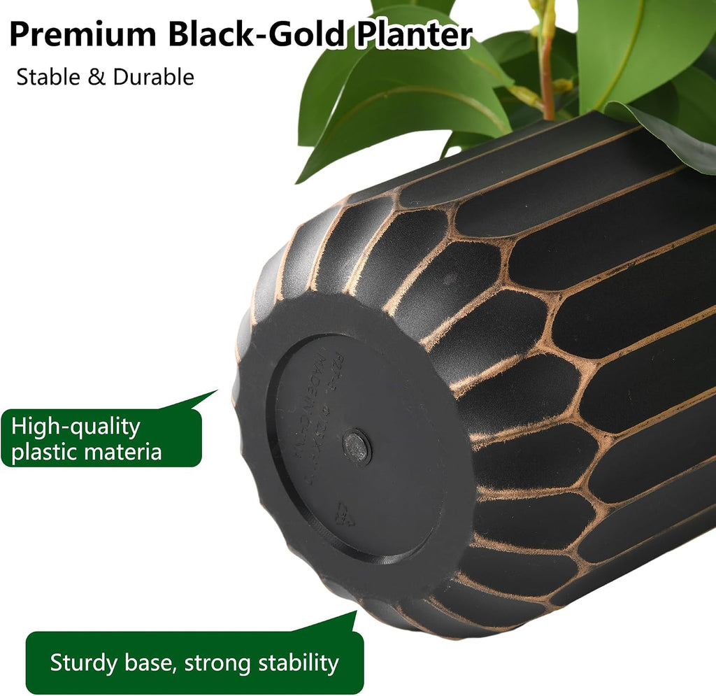 florisso Fake Plants Artificial Plants Indoor, Faux Potted Plants Indoor Artificial Succulents with Fig Leaf Look Real Greenery with Planter for Office Desk Coffee Table Home Decor(Black Gold)