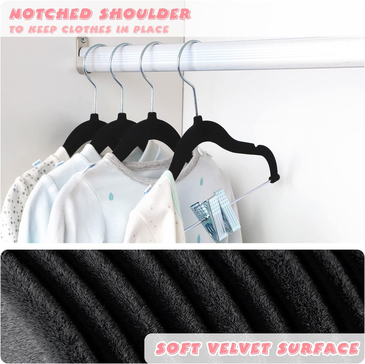 ManGotree 11.8 Inch Baby Velvet Hangers with Movable Clips 16 Pack Black
