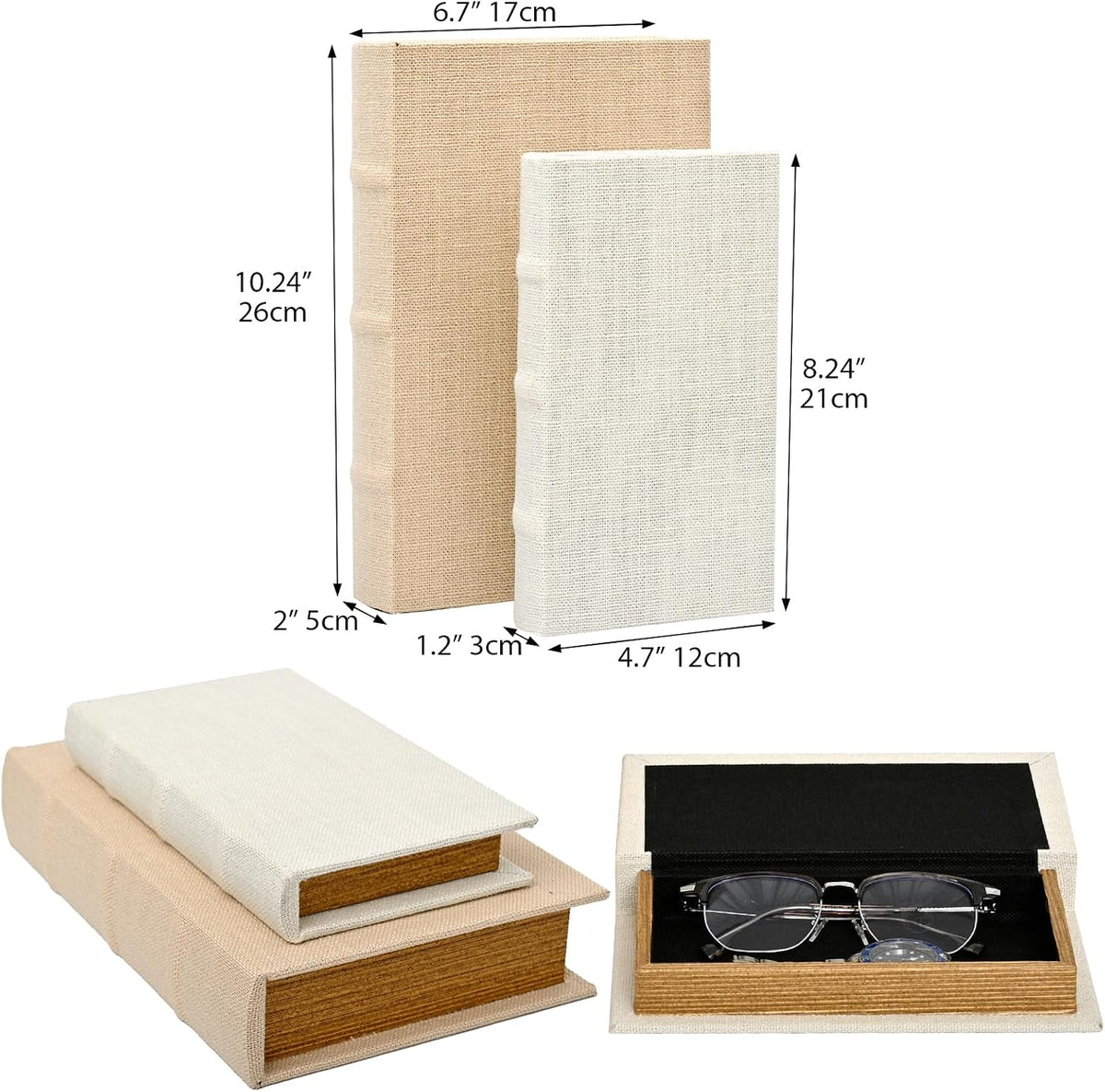 Decorative Faux Book Storage Boxes Set of 2, Linen Fabric Textured Books