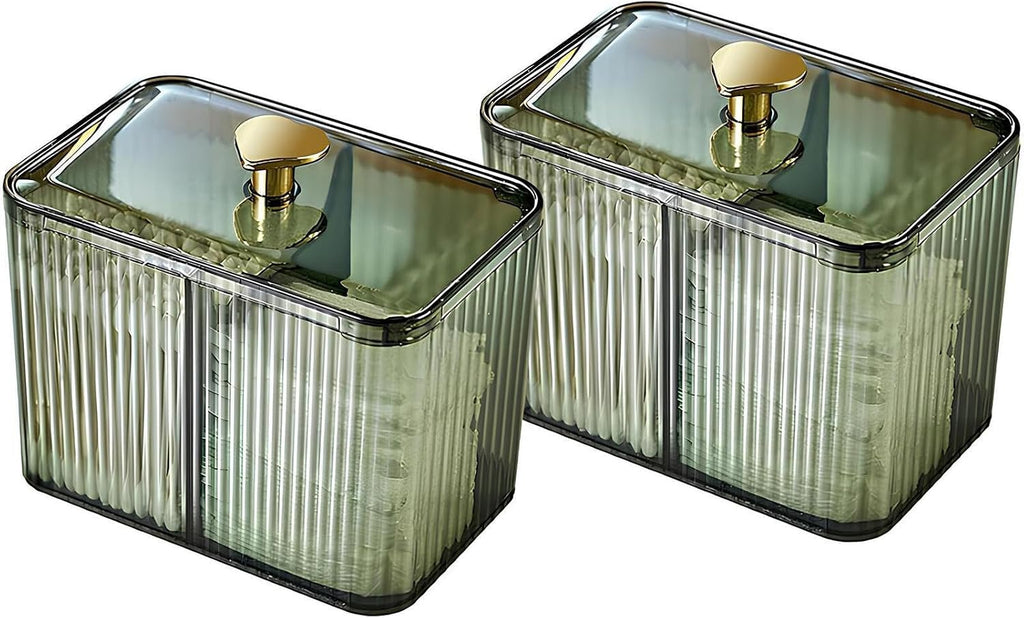 2 Pack 3-Section Clear Qtip Holder with Dustproof Lid, Bathroom Cotton Ball and Qtip Organizer, Cotton Swab Container for Vanity Canisters Jars for Countertop Storage and Organization (Clear-Green)