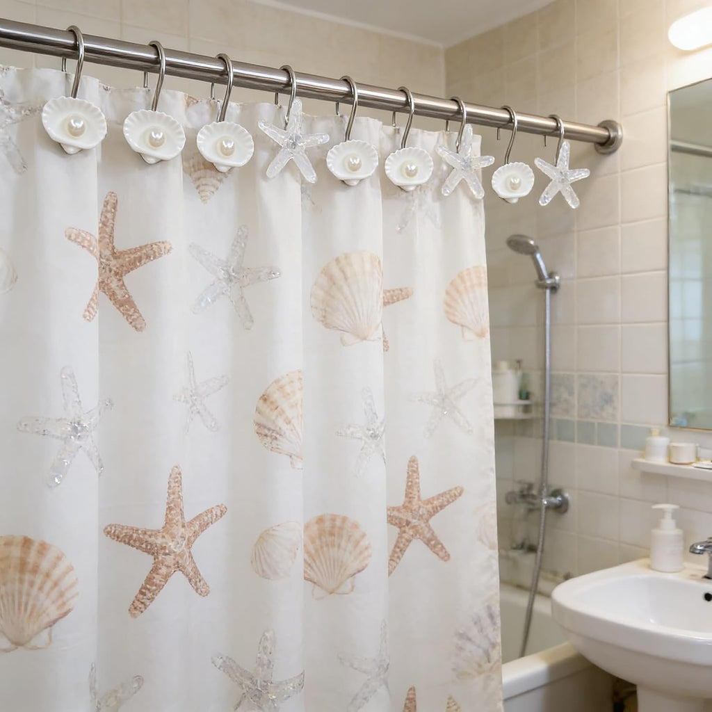 Twofishes Seashell Shower Curtain Hooks S/12 Ocean Pearl White Starfish Style Shower Curtain Rings Pack of 12 Oecan Shell Shower Rings Set of 12