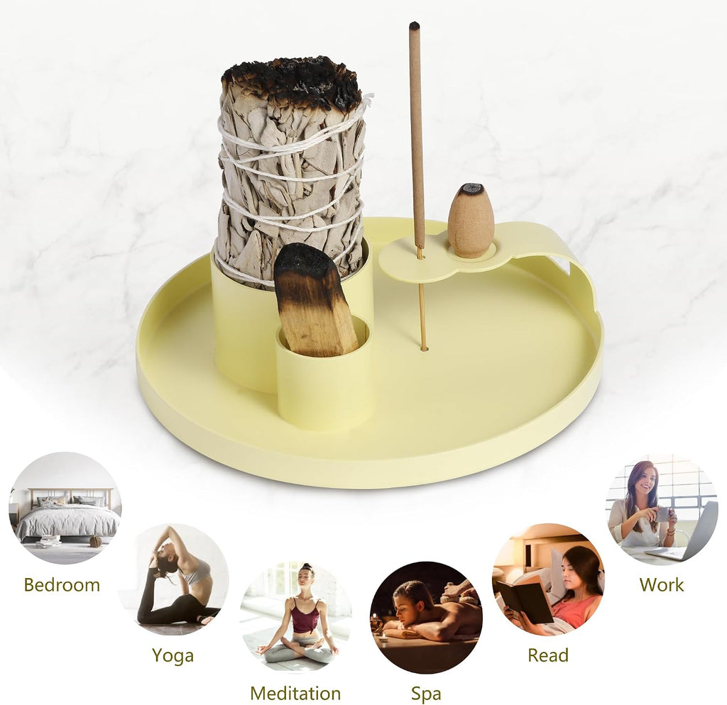 Multifunction Incense Holder, Sage Burner Holder, Palo Santo Holder Burner, 5.47" Ash Catch Tray, Smudge Stick Holder with Handle for Incense Sticks Incense Cone Candle, Yoga Meditation and Room Decor