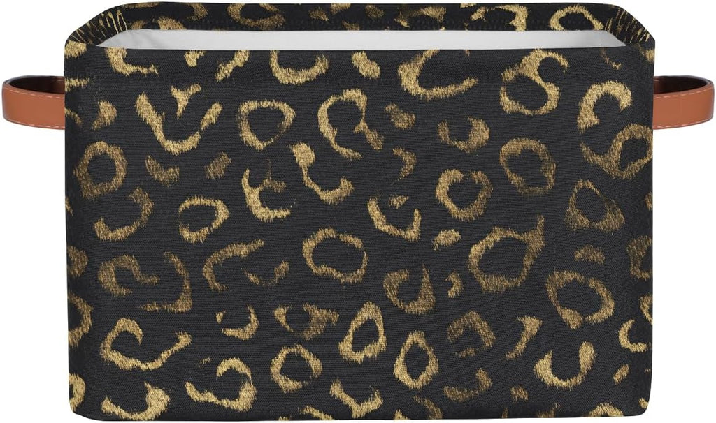 Pardick Black Gold Leopard Basket Storage Bins Large Fabric Toys Storage Cube Box with Handles Collapsible Closet Shelf Cloth Organizer Basket for Nursery Bedroom Bathroom Holiday Gift