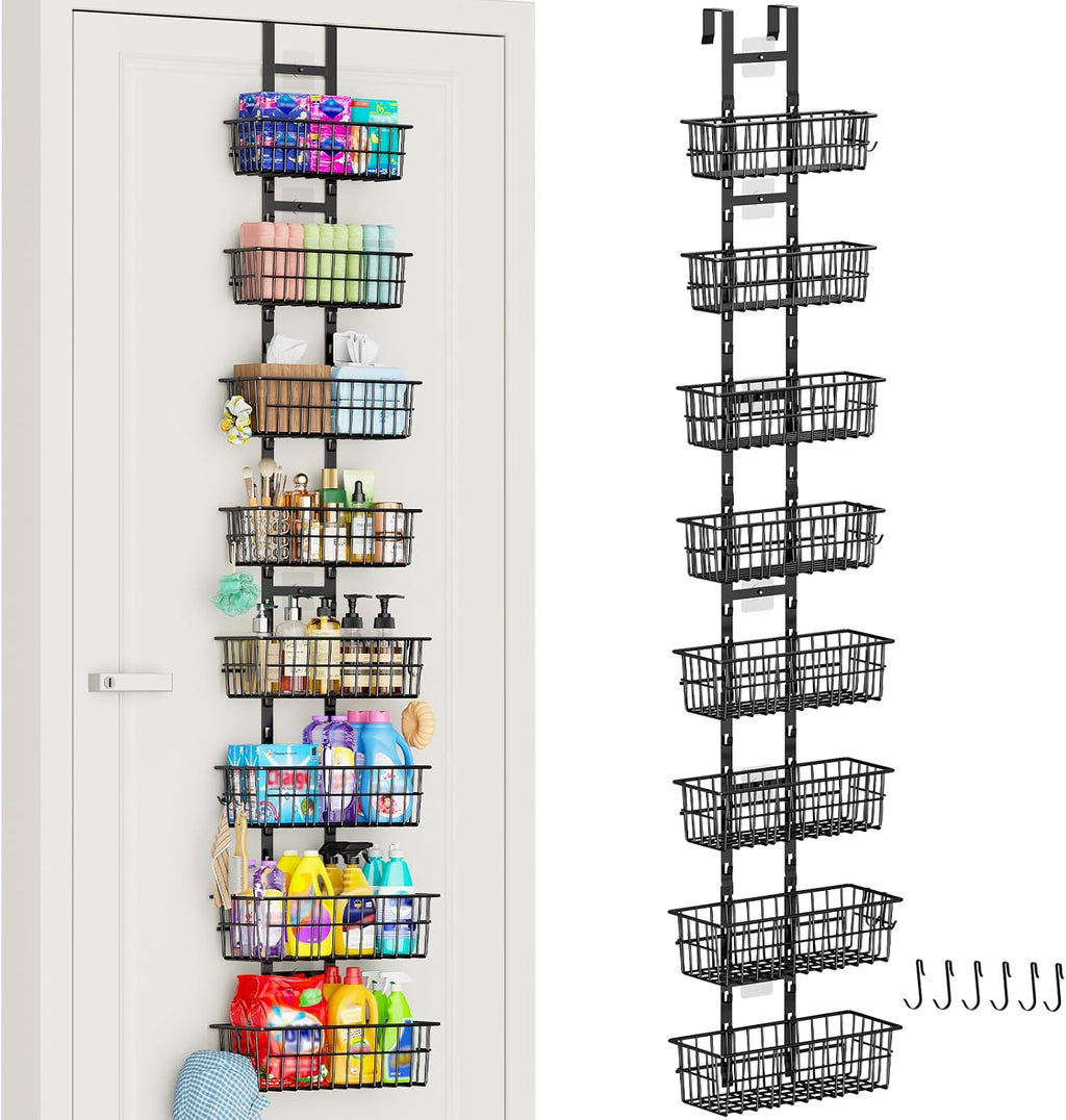 Hongtamoya 8 Tier Over The Door Organizer, Adjustable Hanging Door Organizer with 8 Wire Baskets 6 Hooks, Behind The Door Storage for Pantry Closet Bedroom Bathroom Cabinet Kitchen Laundry Room, Black