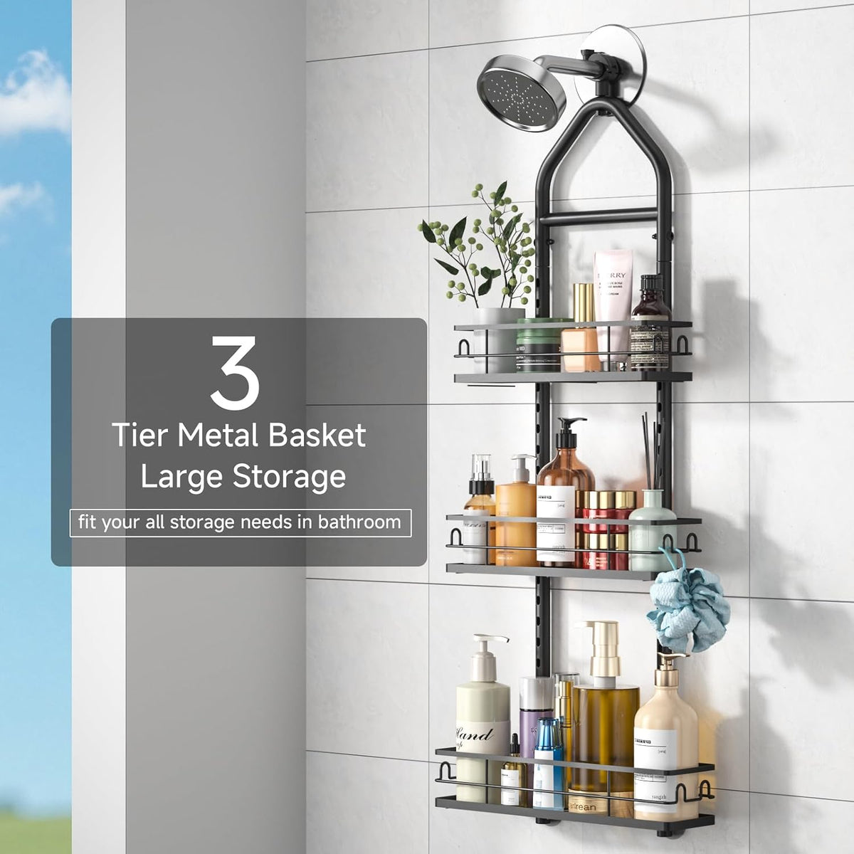 3 Tier Hanging Shower Head Caddy, Adjustable Hanging Shower Caddy Over Showerhead, No Drilling Handing Racks Rustproof for Bathroom Shampoo Soap Storage