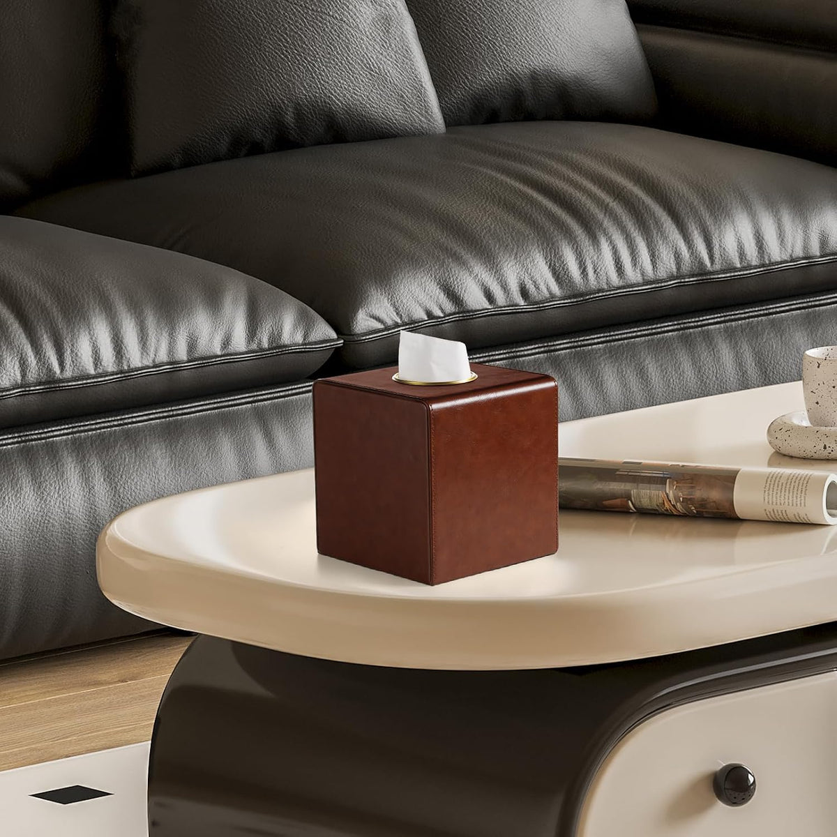 Square Tissue Box Cover with Magnetic Closure, Brown