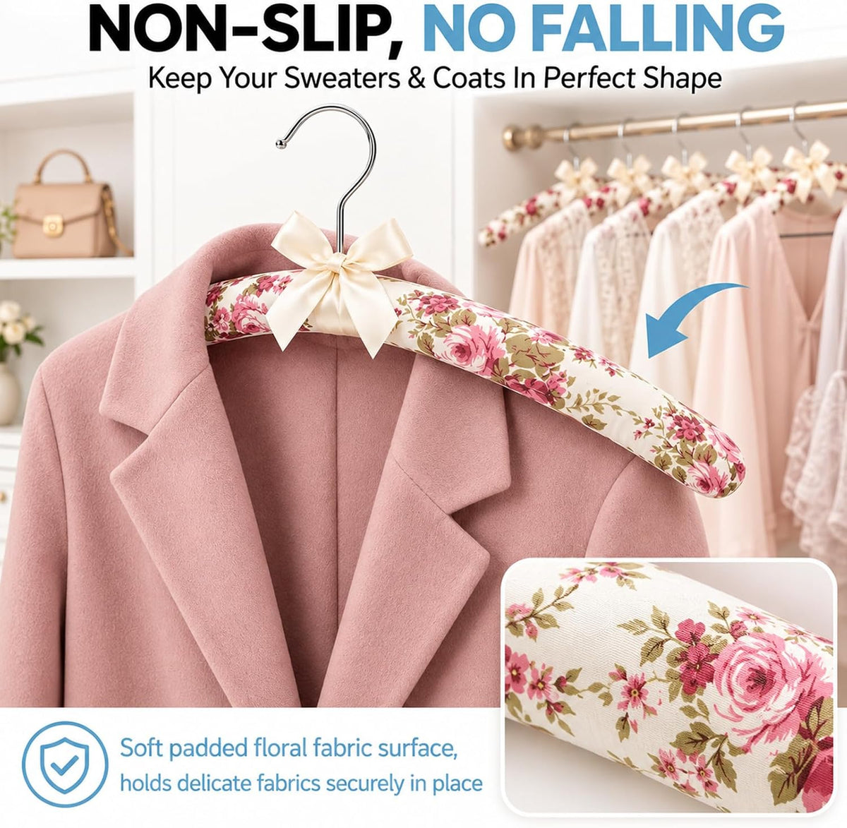 Long Floral Padded Hangers for Women Clothing, Sweaters, Clothes, 10 Pack