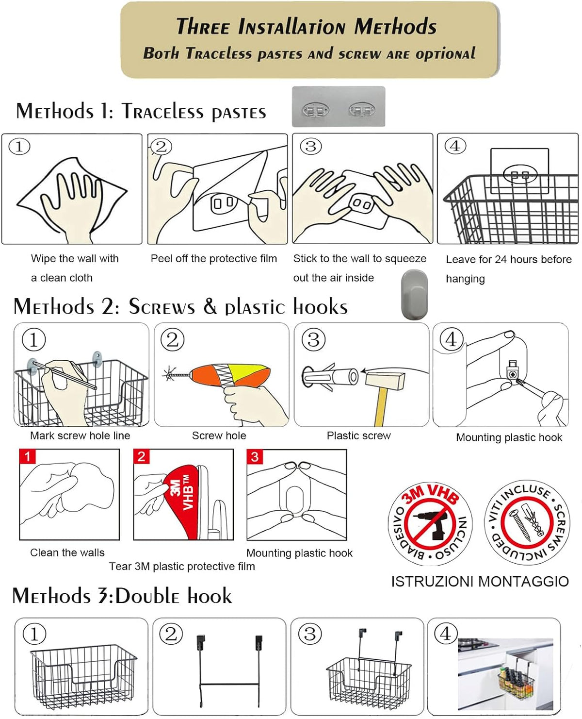JUNCHU CHERRY Wire Storage Basket 2 Packs, Wall Mounted Kitchen Bathroom, Hanging Cabinet Door Storage Basket, no Drilling, Supporting 2 Types of Hooks, Strong Bearing, Suitable for Home, White