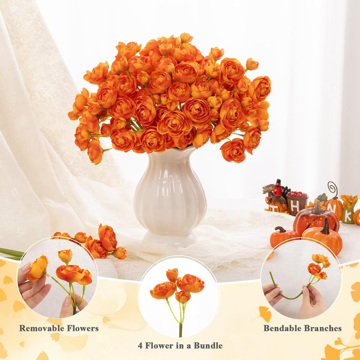 U'Artlines Mini Ranunculus Artificial Flowers Bouquet 20 PCS Citrus Orange