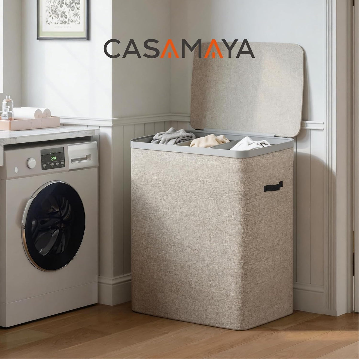 CASAMAYA Laundry Basket with Lid, Laundry Hamper 3 Section, 190L collapsible Laundry Organizer, Easy Assembly, with Handles and Removable Liners, 25.2 x 15.7 x 29.5 Inches, Beige JSP904M